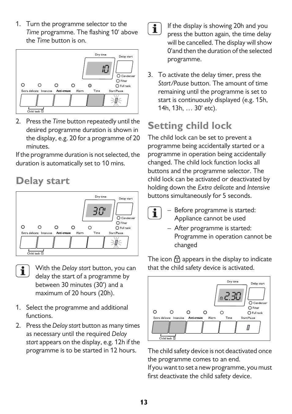 Delay start, Setting child lock | John Lewis JLTDC11 User Manual | Page 13 / 32