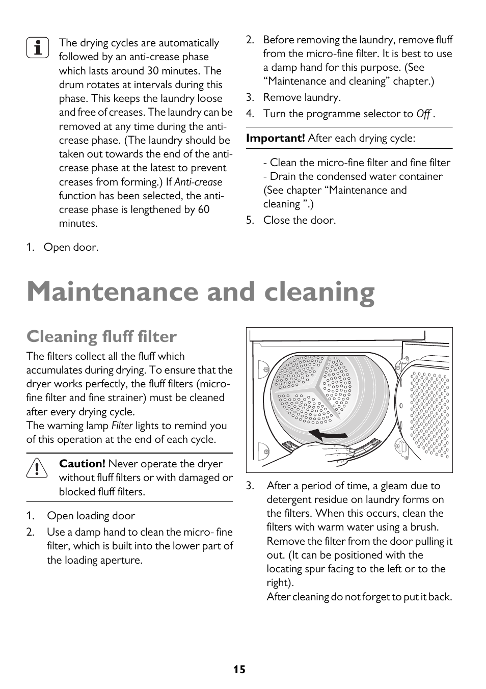 Maintenance and cleaning, Cleaning fluff filter | John Lewis JLTDC11 User Manual | Page 15 / 32