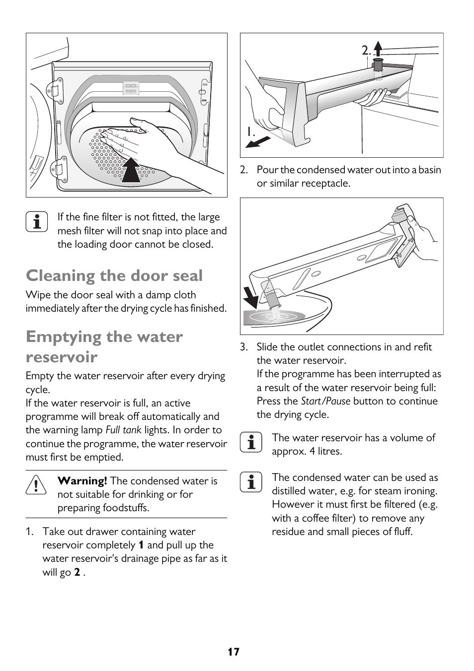 Cleaning the door seal, Emptying the water reservoir | John Lewis JLTDC11 User Manual | Page 17 / 32