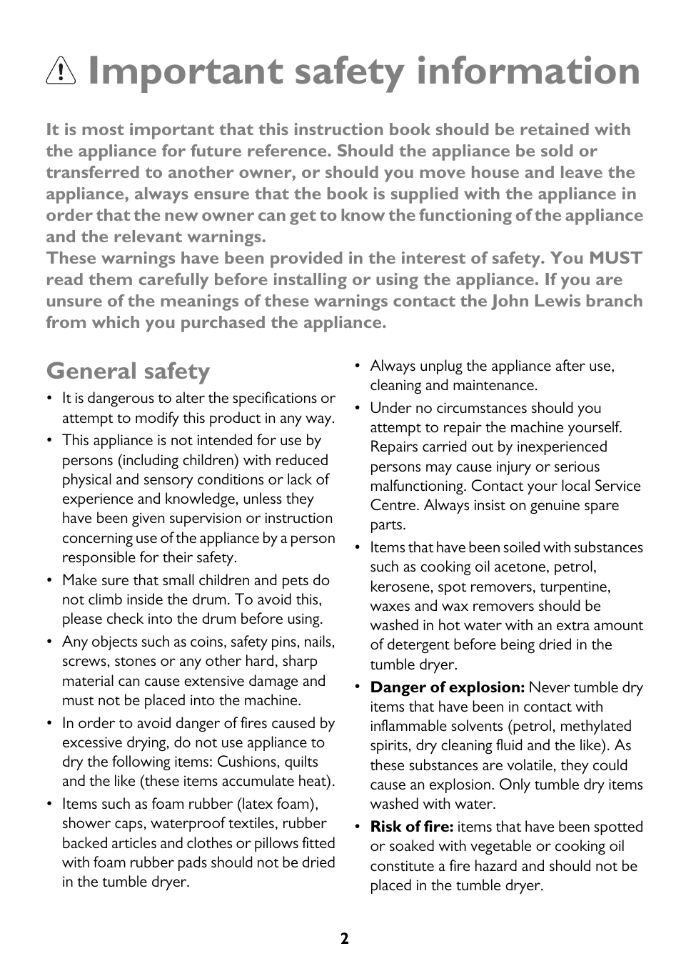 Important safety information, General safety | John Lewis JLTDC11 User Manual | Page 2 / 32