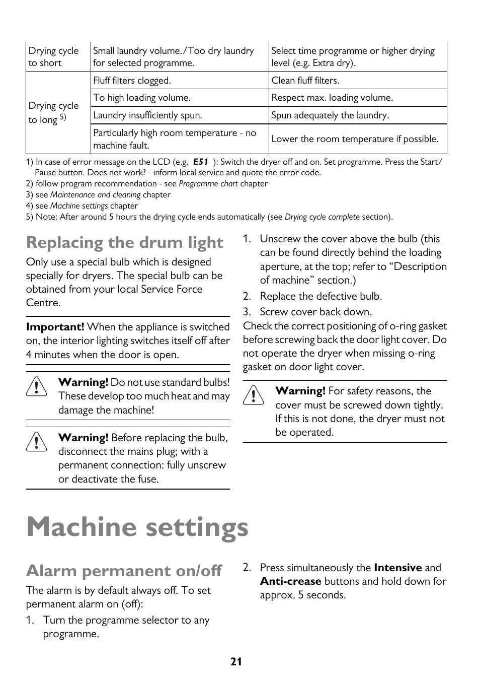 Machine settings, Replacing the drum light, Alarm permanent on/off | John Lewis JLTDC11 User Manual | Page 21 / 32