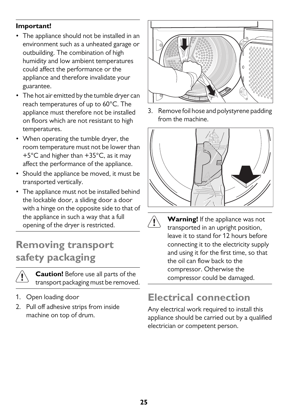 Removing transport safety packaging, Electrical connection | John Lewis JLTDC11 User Manual | Page 25 / 32