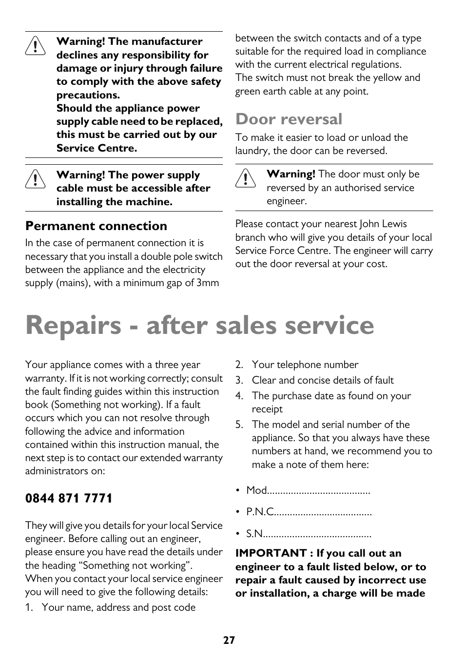 Repairs - after sales service, Door reversal | John Lewis JLTDC11 User Manual | Page 27 / 32