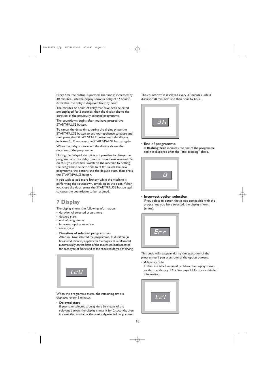 E21 0, 7 display | John Lewis JLTDC 05 User Manual | Page 10 / 20