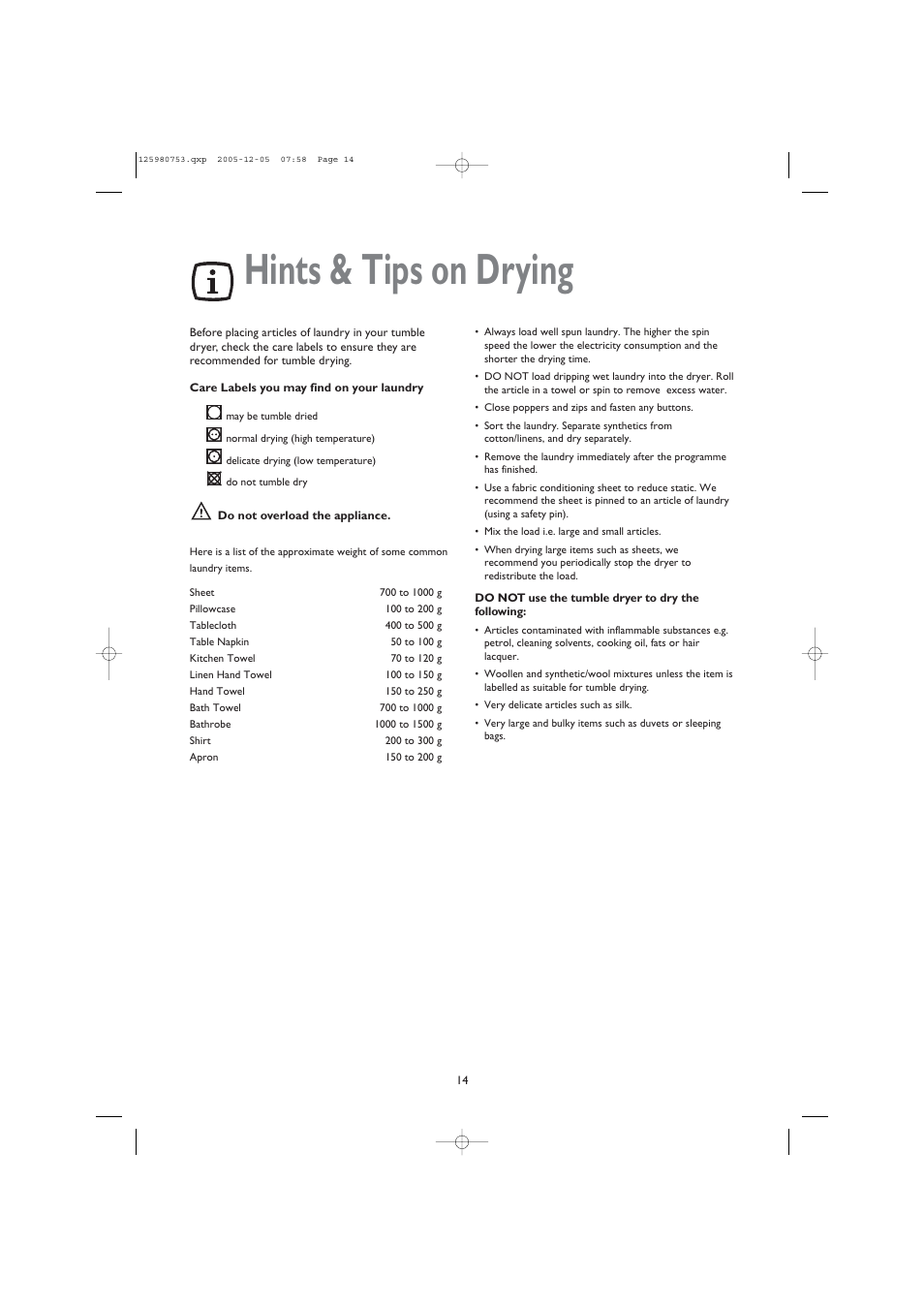 Hints & tips on drying | John Lewis JLTDC 05 User Manual | Page 14 / 20