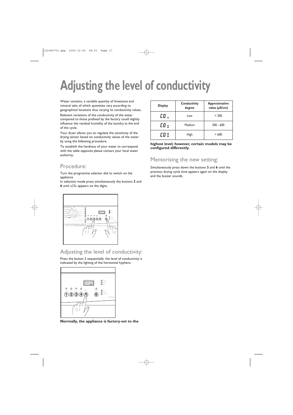 Adjusting the level of conductivity, Procedure, Cc 0 0 | John Lewis JLTDC 05 User Manual | Page 17 / 20