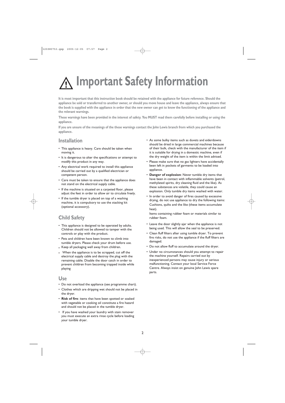 Important safety information, Installation, Child safety | John Lewis JLTDC 05 User Manual | Page 2 / 20