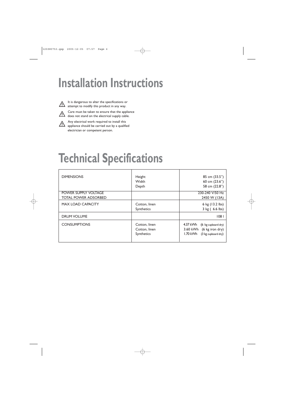 Technical specifications, Installation instructions | John Lewis JLTDC 05 User Manual | Page 6 / 20