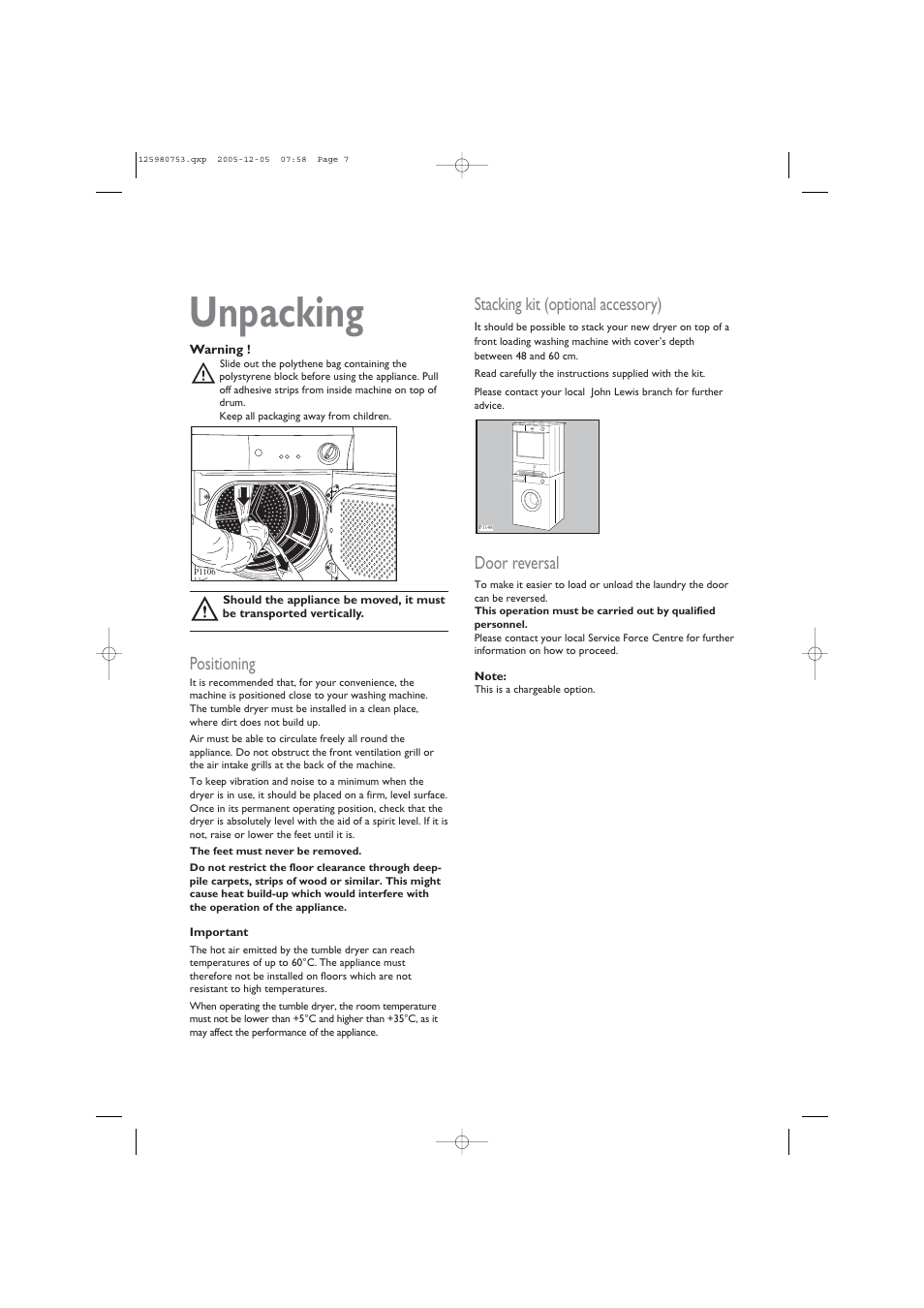 Unpacking, Stacking kit (optional accessory), Door reversal | Positioning | John Lewis JLTDC 05 User Manual | Page 7 / 20