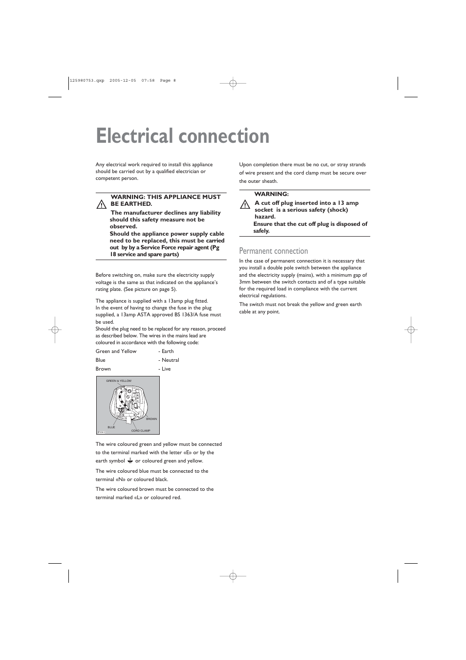 Electrical connection, Permanent connection | John Lewis JLTDC 05 User Manual | Page 8 / 20