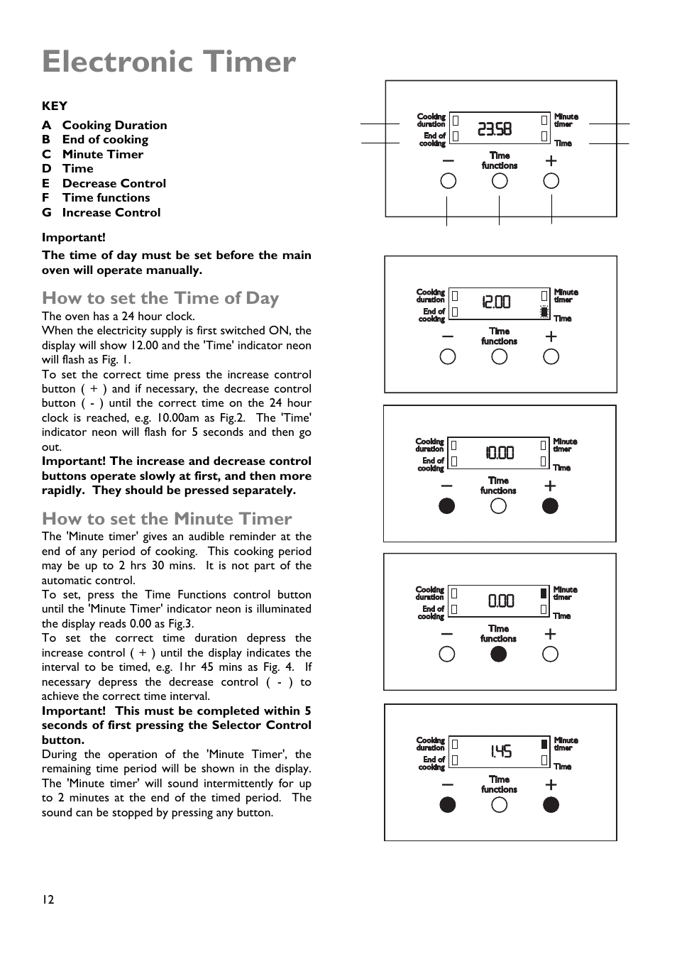 Electronic timer, How to set the time of day, How to set the minute timer | John Lewis JLDUOS705 User Manual | Page 12 / 36