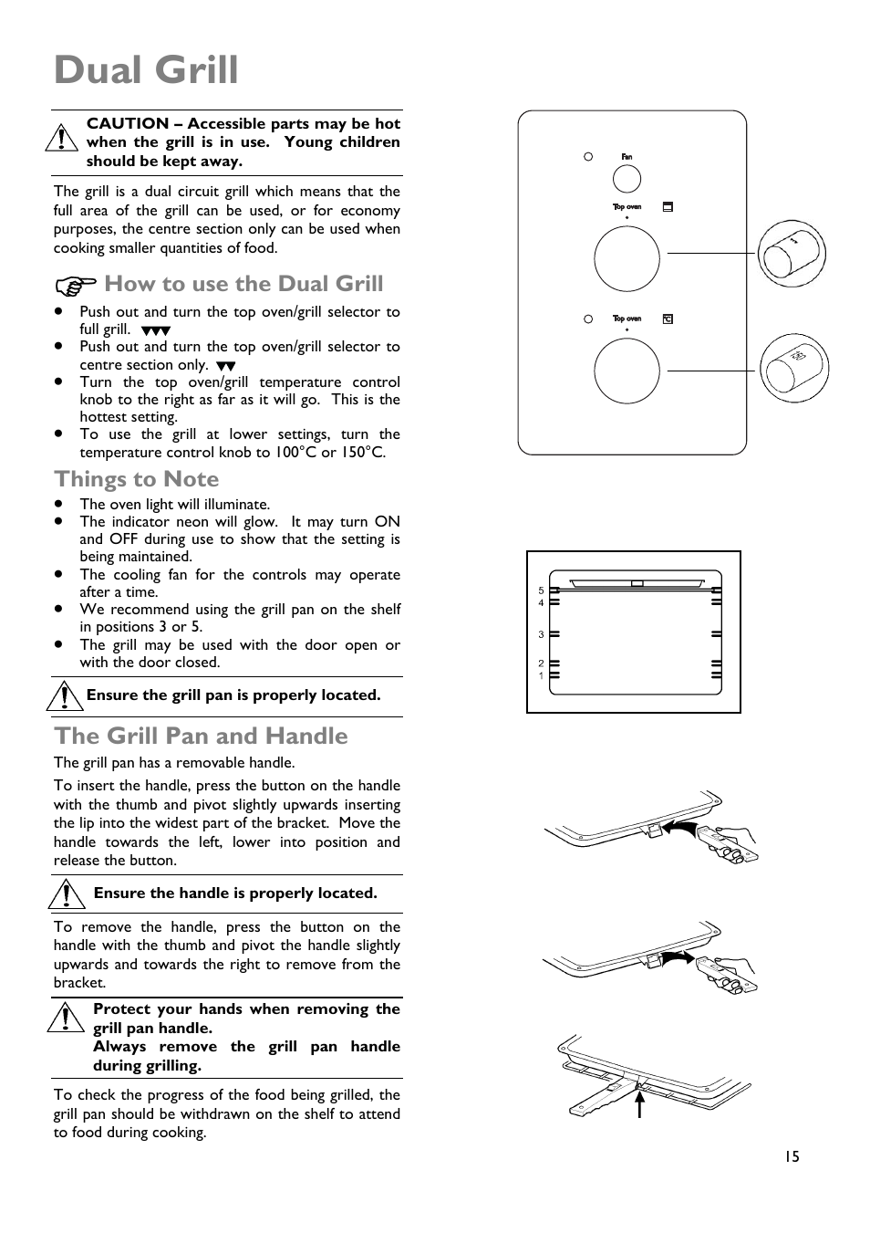 Dual grill, The grill pan and handle, How to use the dual grill | John Lewis JLDUOS705 User Manual | Page 15 / 36
