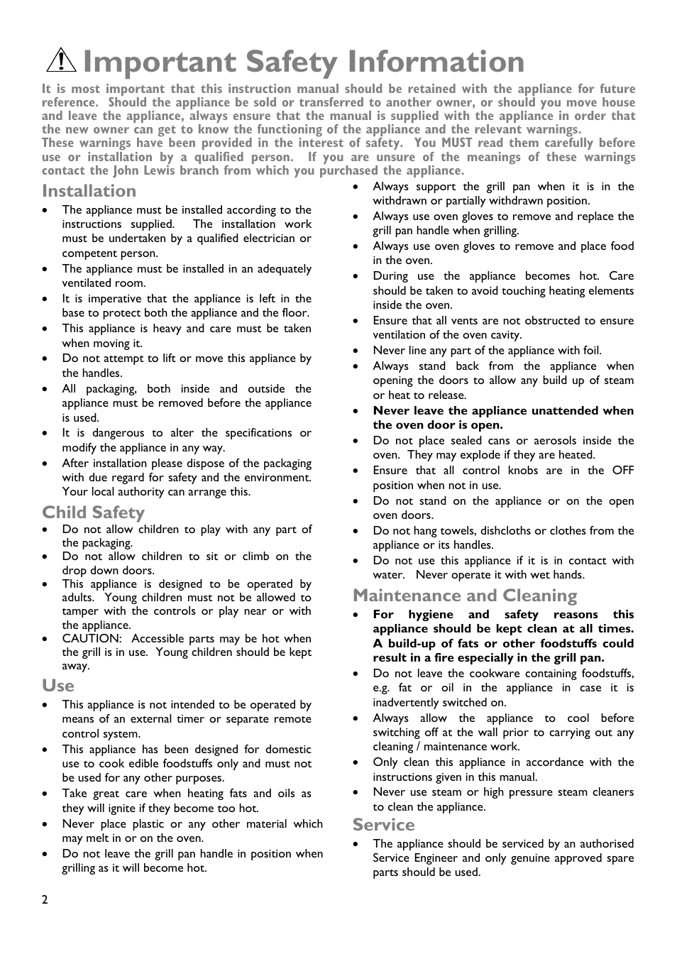 Important safety information, Installation, Child safety | Maintenance and cleaning, Service | John Lewis JLDUOS705 User Manual | Page 2 / 36