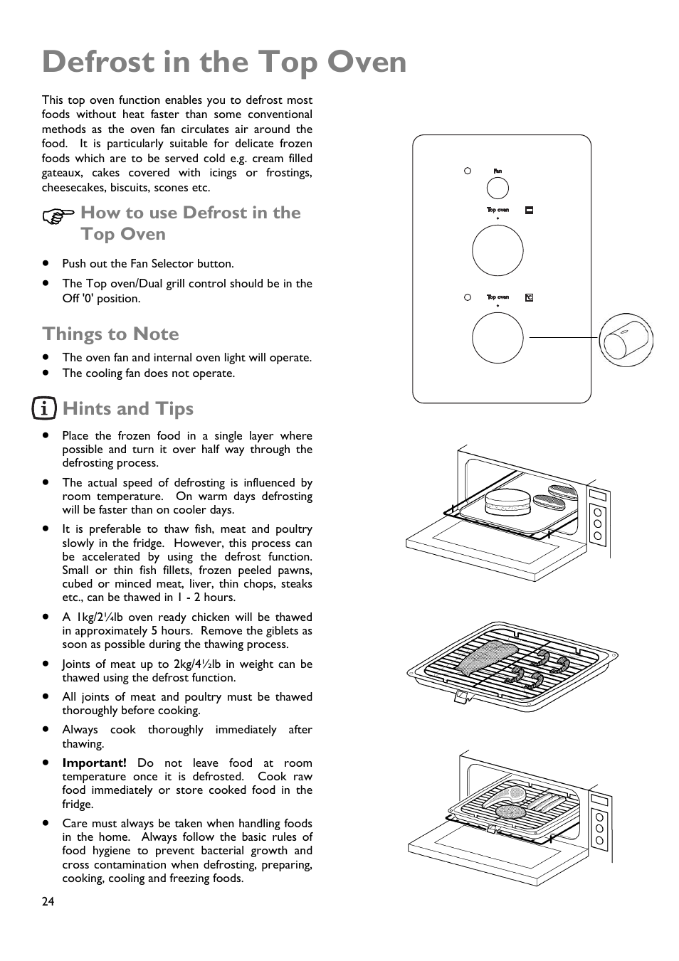 Defrost in the top oven, Hints and tips, How to use defrost in the top oven | John Lewis JLDUOS705 User Manual | Page 24 / 36