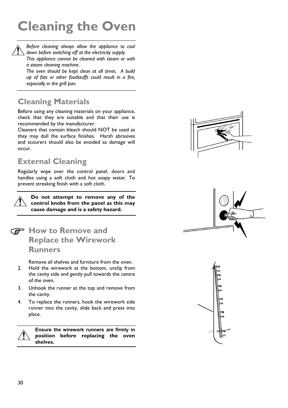 Cleaning the oven, Cleaning materials, External cleaning | How to remove and replace the wirework runners | John Lewis JLDUOS705 User Manual | Page 30 / 36