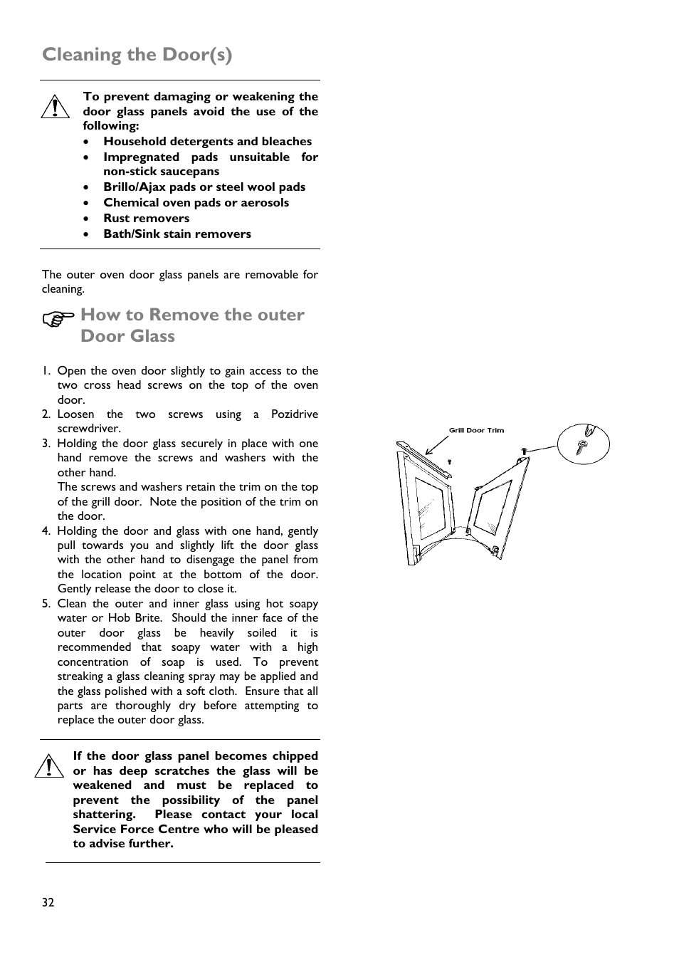 Cleaning the door(s), How to remove the outer door glass | John Lewis JLDUOS705 User Manual | Page 32 / 36