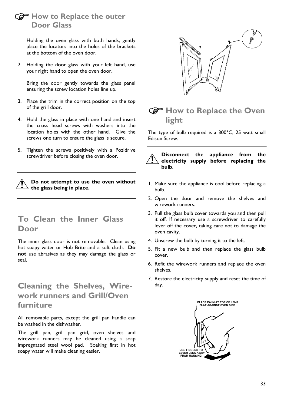 How to replace the oven light, How to replace the outer door glass | John Lewis JLDUOS705 User Manual | Page 33 / 36