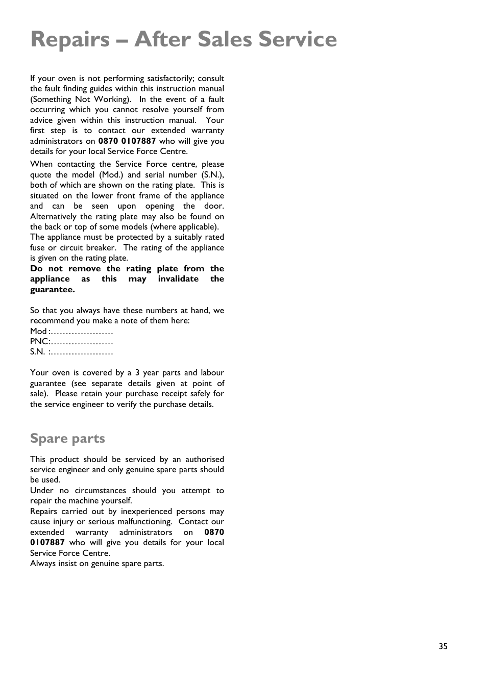 Repairs – after sales service, Spare parts | John Lewis JLDUOS705 User Manual | Page 35 / 36