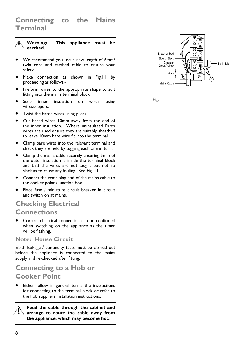 Connecting to the mains terminal, Checking electrical connections, Connecting to a hob or cooker point | John Lewis JLDUOS705 User Manual | Page 8 / 36