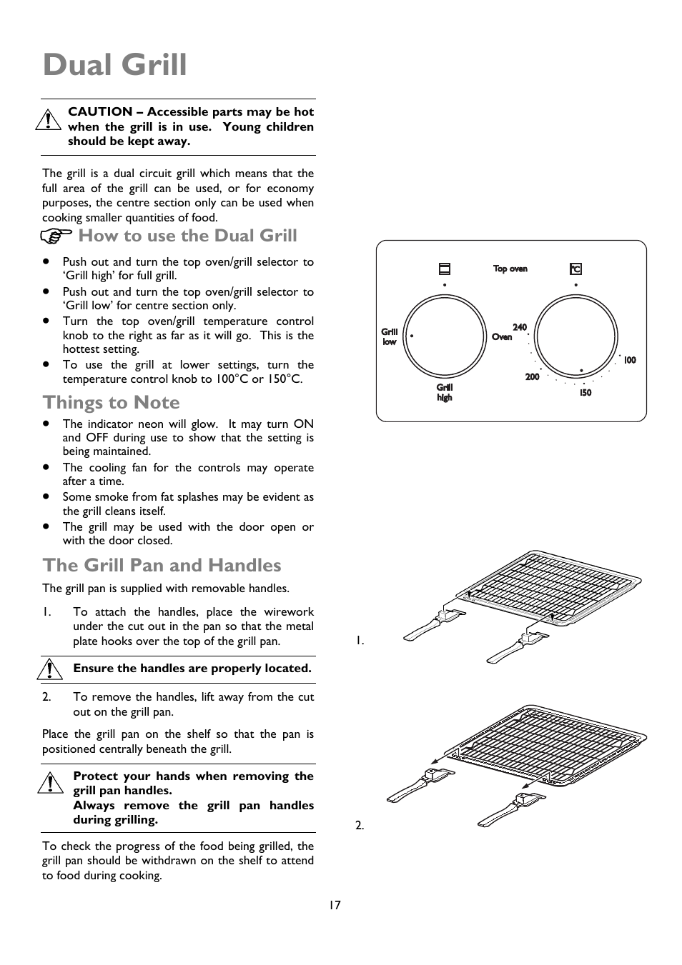 Dual grill, The grill pan and handles, How to use the dual grill | John Lewis JLBIDOS904 User Manual | Page 17 / 32