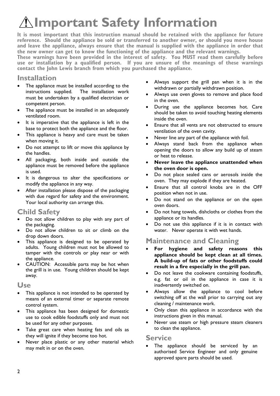 Important safety information, Installation, Child safety | Maintenance and cleaning, Service | John Lewis JLBIDOS904 User Manual | Page 2 / 32