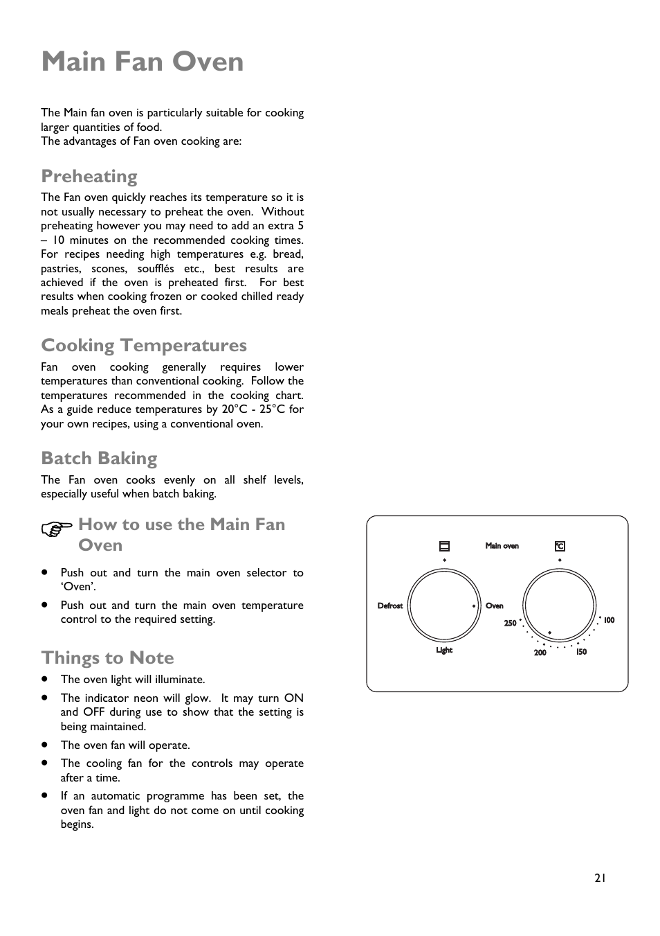 Main fan oven, Preheating, Cooking temperatures | Batch baking, How to use the main fan oven | John Lewis JLBIDOS904 User Manual | Page 21 / 32