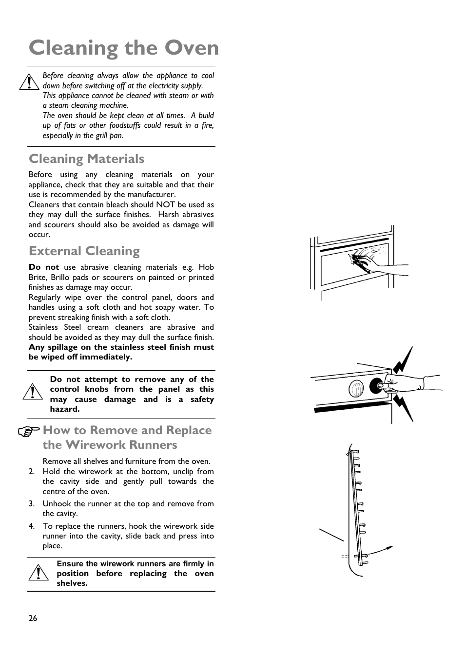 Cleaning the oven, Cleaning materials, External cleaning | How to remove and replace the wirework runners | John Lewis JLBIDOS904 User Manual | Page 26 / 32