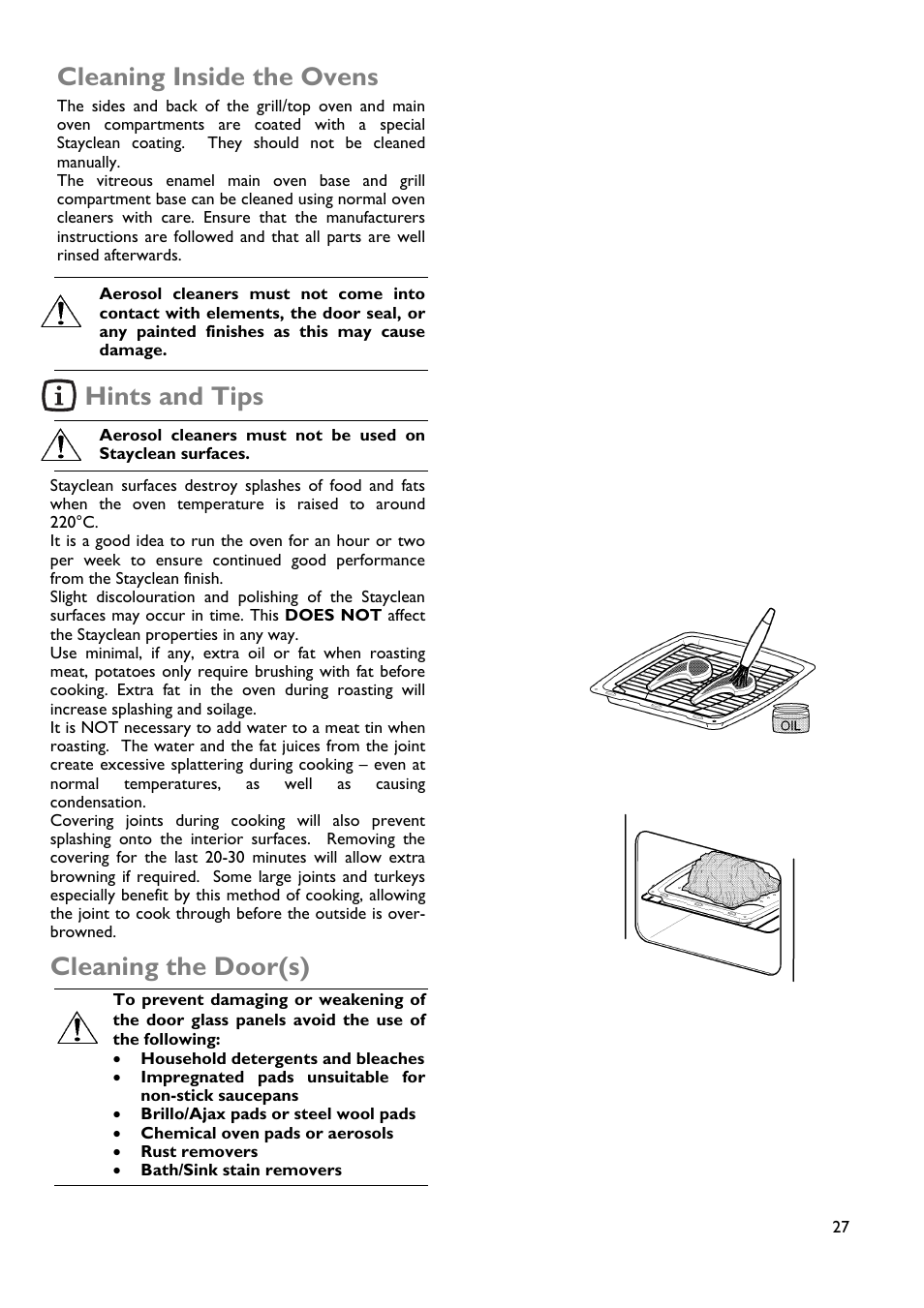 Cleaning inside the ovens, Hints and tips, Cleaning the door(s) | John Lewis JLBIDOS904 User Manual | Page 27 / 32