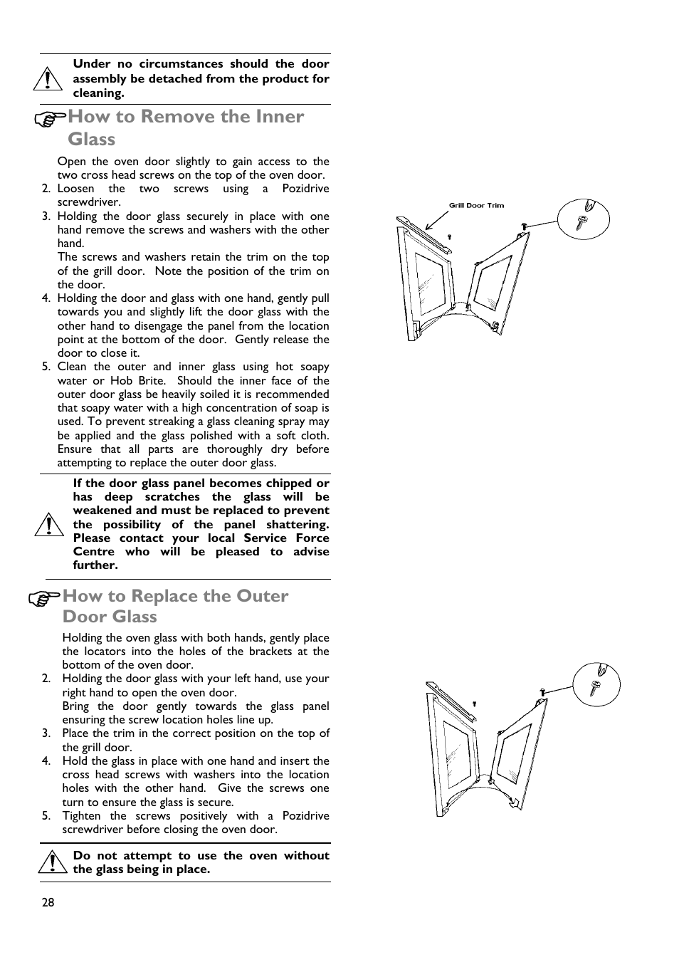 How to remove the inner glass, How to replace the outer door glass | John Lewis JLBIDOS904 User Manual | Page 28 / 32