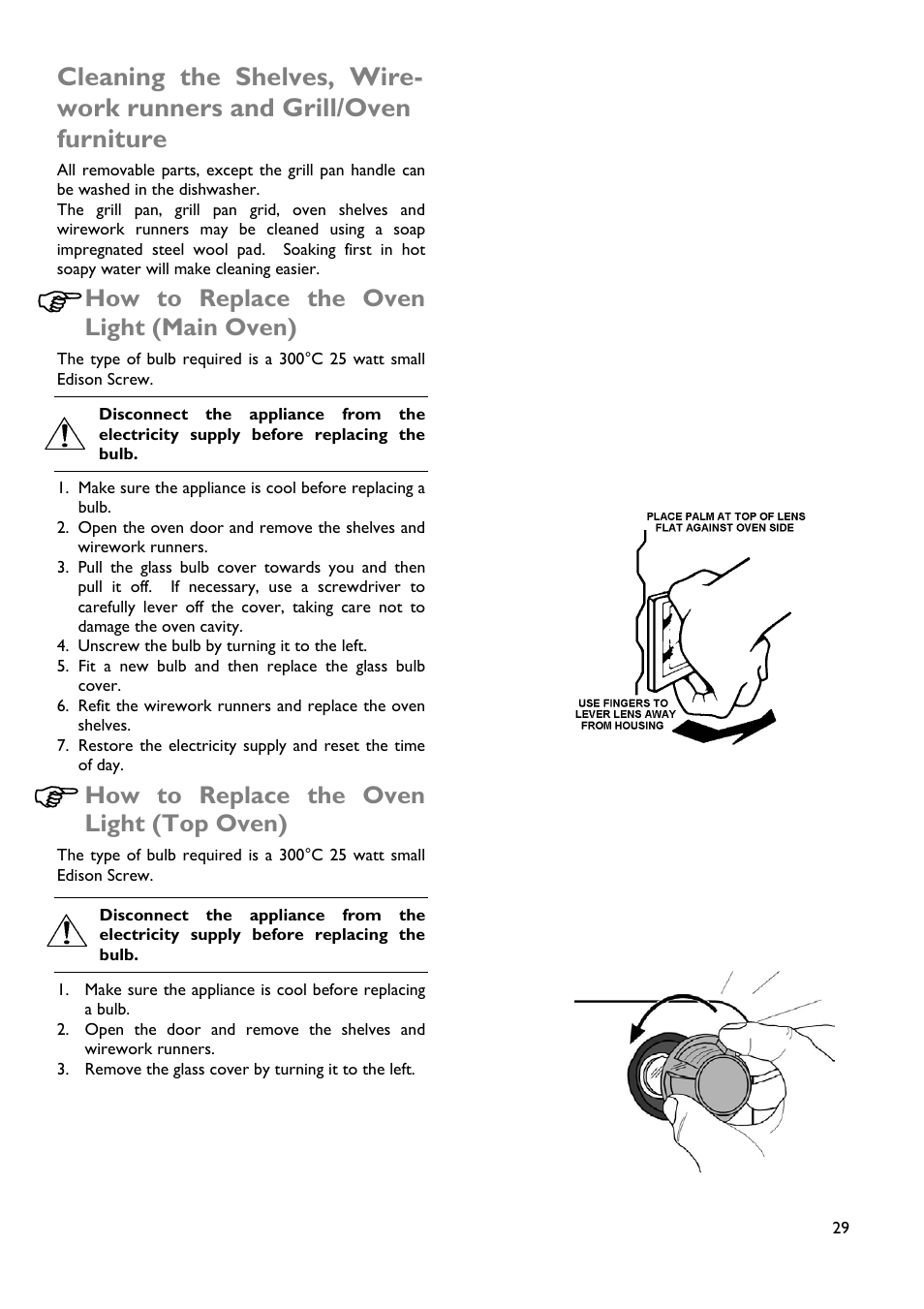 How to replace the oven light (main oven), How to replace the oven light (top oven) | John Lewis JLBIDOS904 User Manual | Page 29 / 32