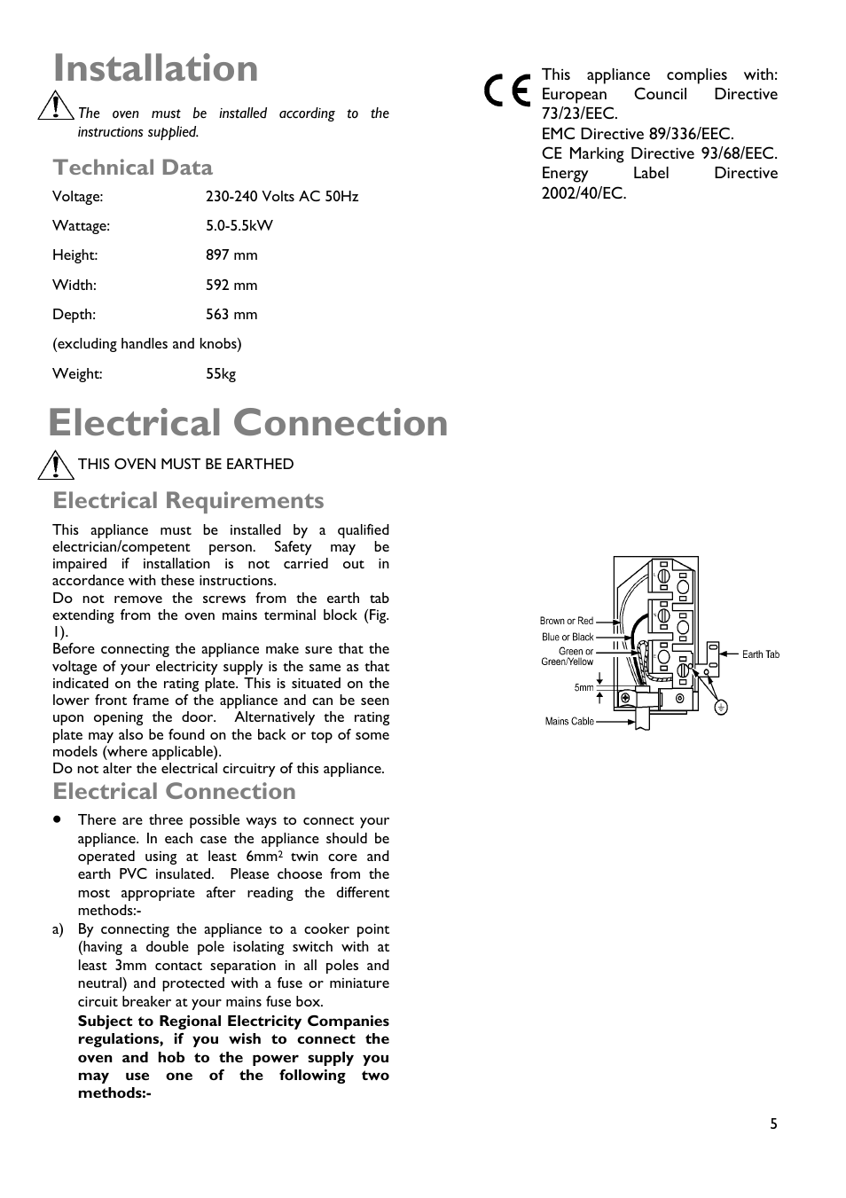 Installation, Electrical requirements, Electrical connection | Technical data | John Lewis JLBIDOS904 User Manual | Page 5 / 32