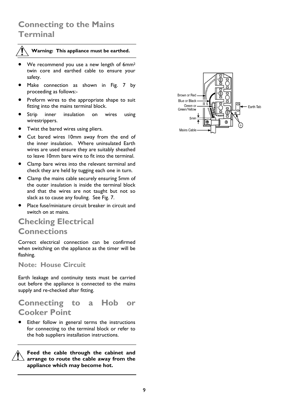 Connecting to the mains terminal, Checking electrical connections, Connecting to a hob or cooker point | John Lewis JLBIDOS904 User Manual | Page 9 / 32