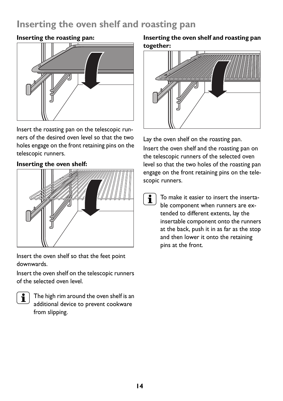 Inserting the oven shelf and roasting pan | John Lewis JLBIOS608 User Manual | Page 14 / 56