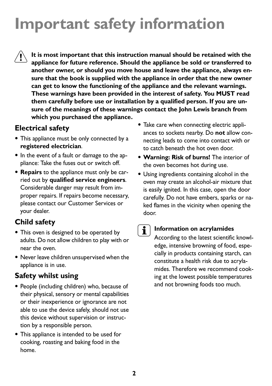 Important safety information | John Lewis JLBIOS608 User Manual | Page 2 / 56