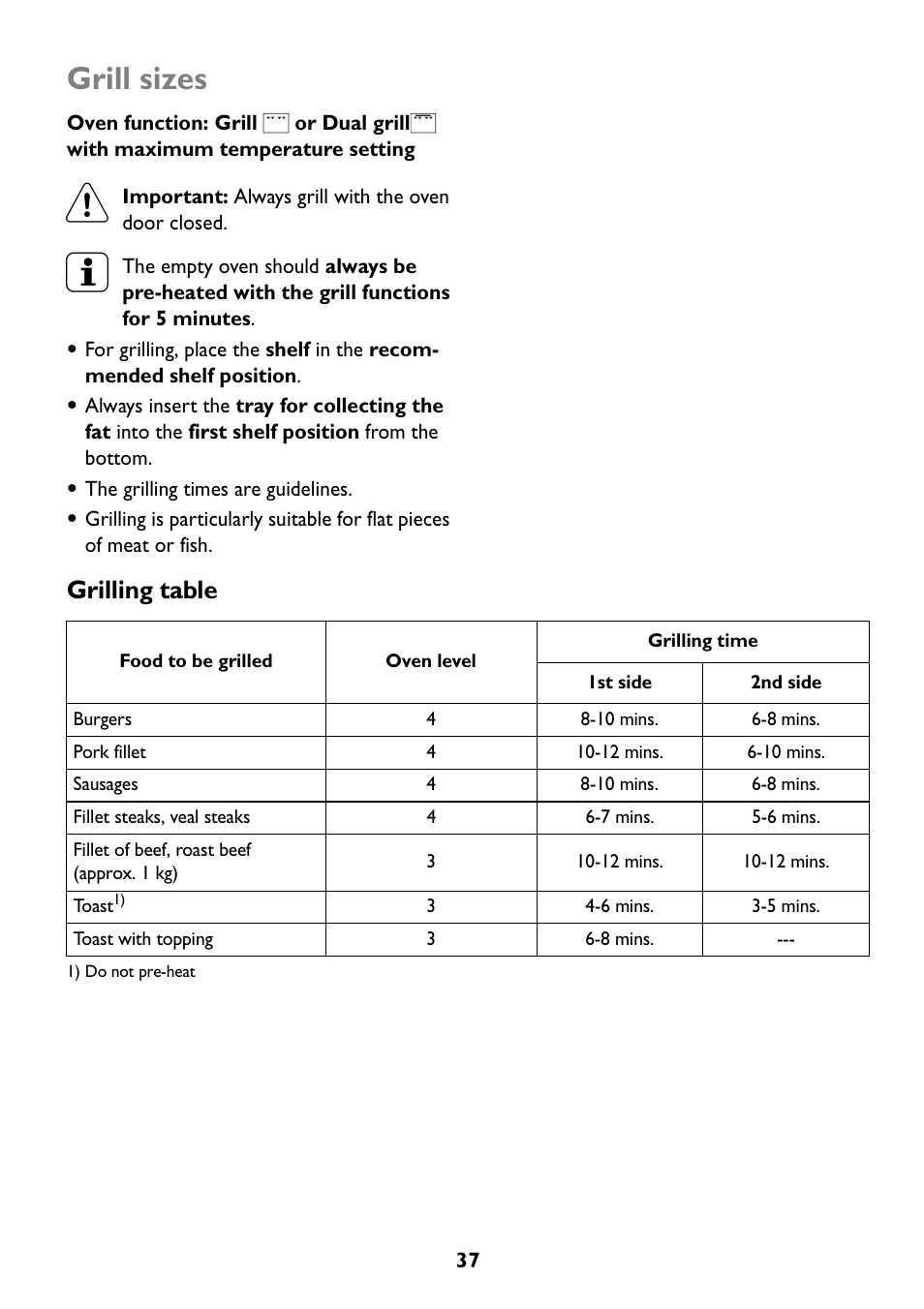 Grill sizes, Grilling table | John Lewis JLBIOS608 User Manual | Page 37 / 56