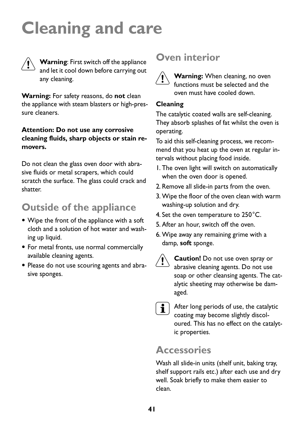 Cleaning and care, Outside of the appliance, Oven interior | Accessories | John Lewis JLBIOS608 User Manual | Page 41 / 56