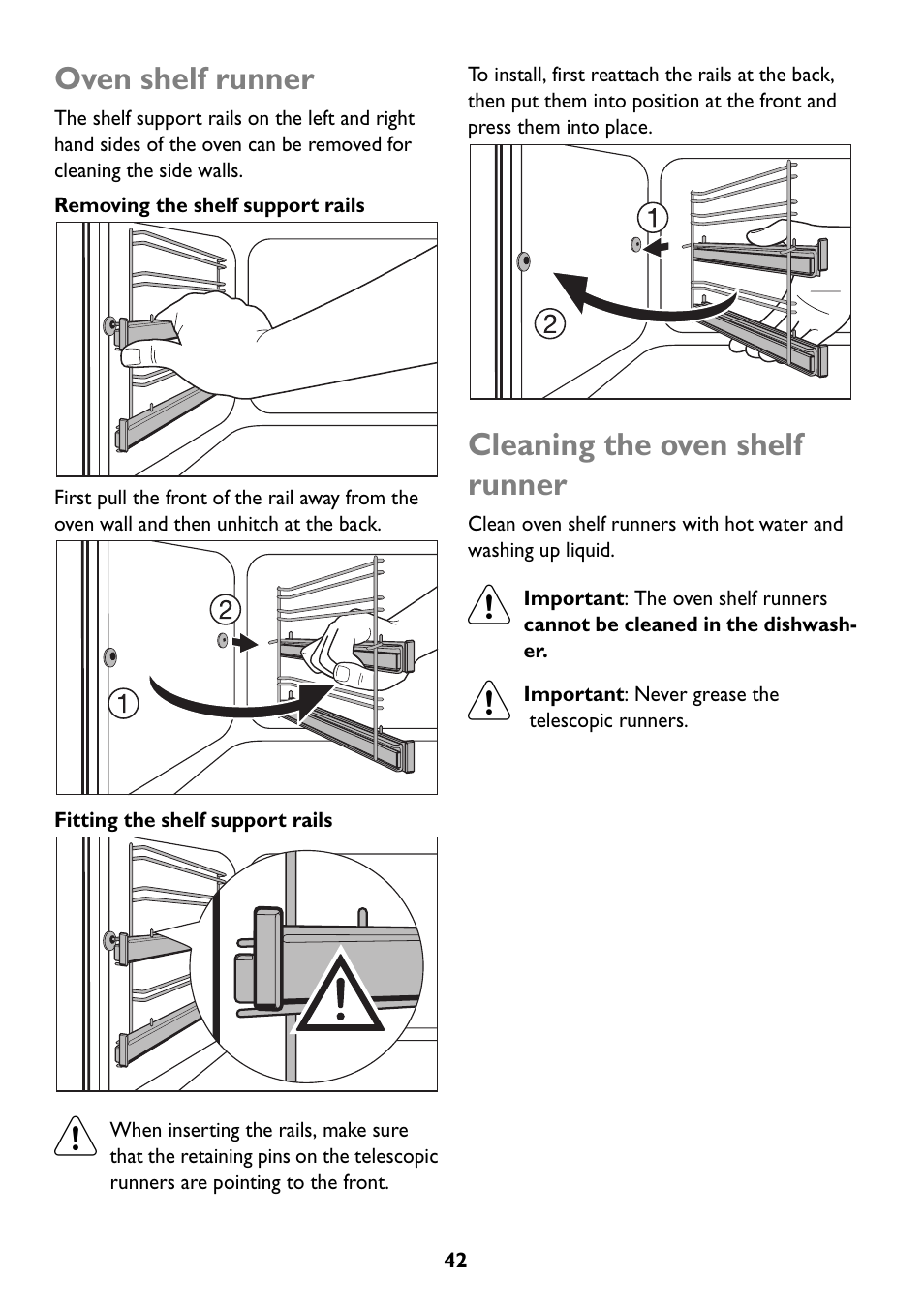Oven shelf runner, Cleaning the oven shelf runner | John Lewis JLBIOS608 User Manual | Page 42 / 56