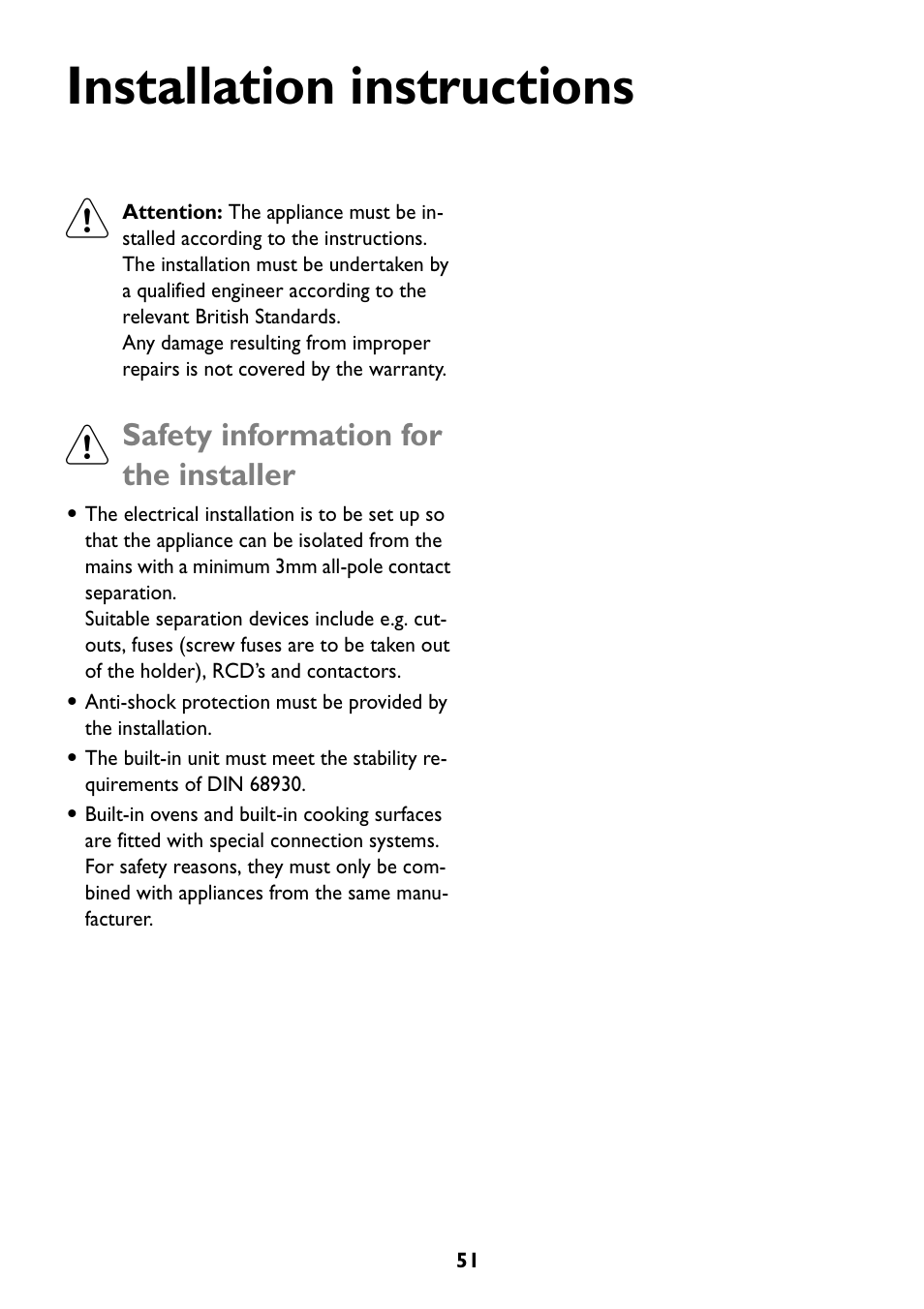 Installation instructions, Safety information for the installer | John Lewis JLBIOS608 User Manual | Page 51 / 56