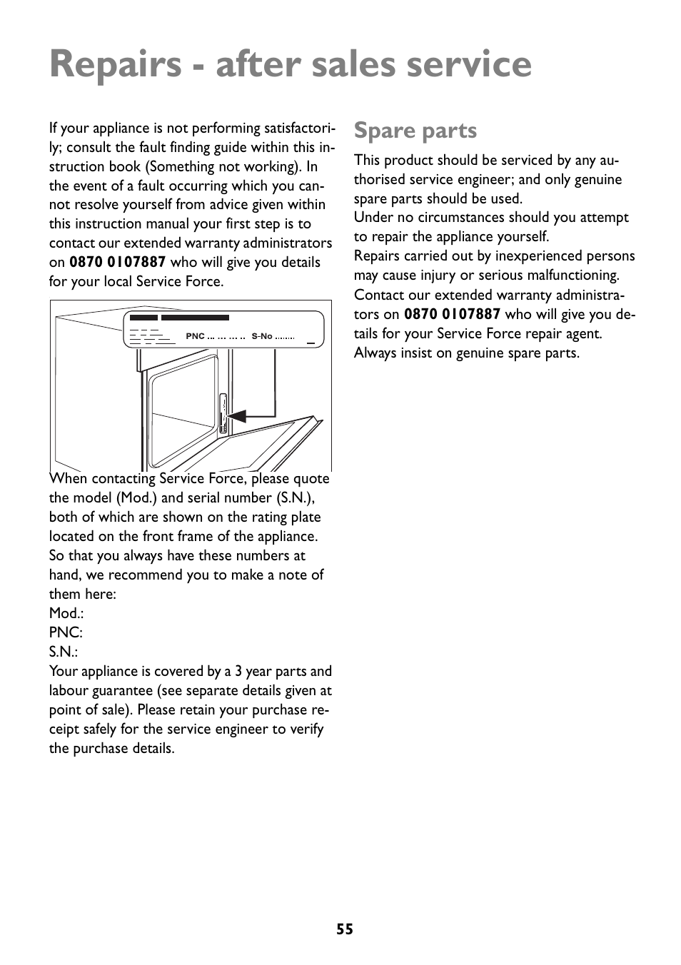 Repairs - after sales service, Spare parts | John Lewis JLBIOS608 User Manual | Page 55 / 56