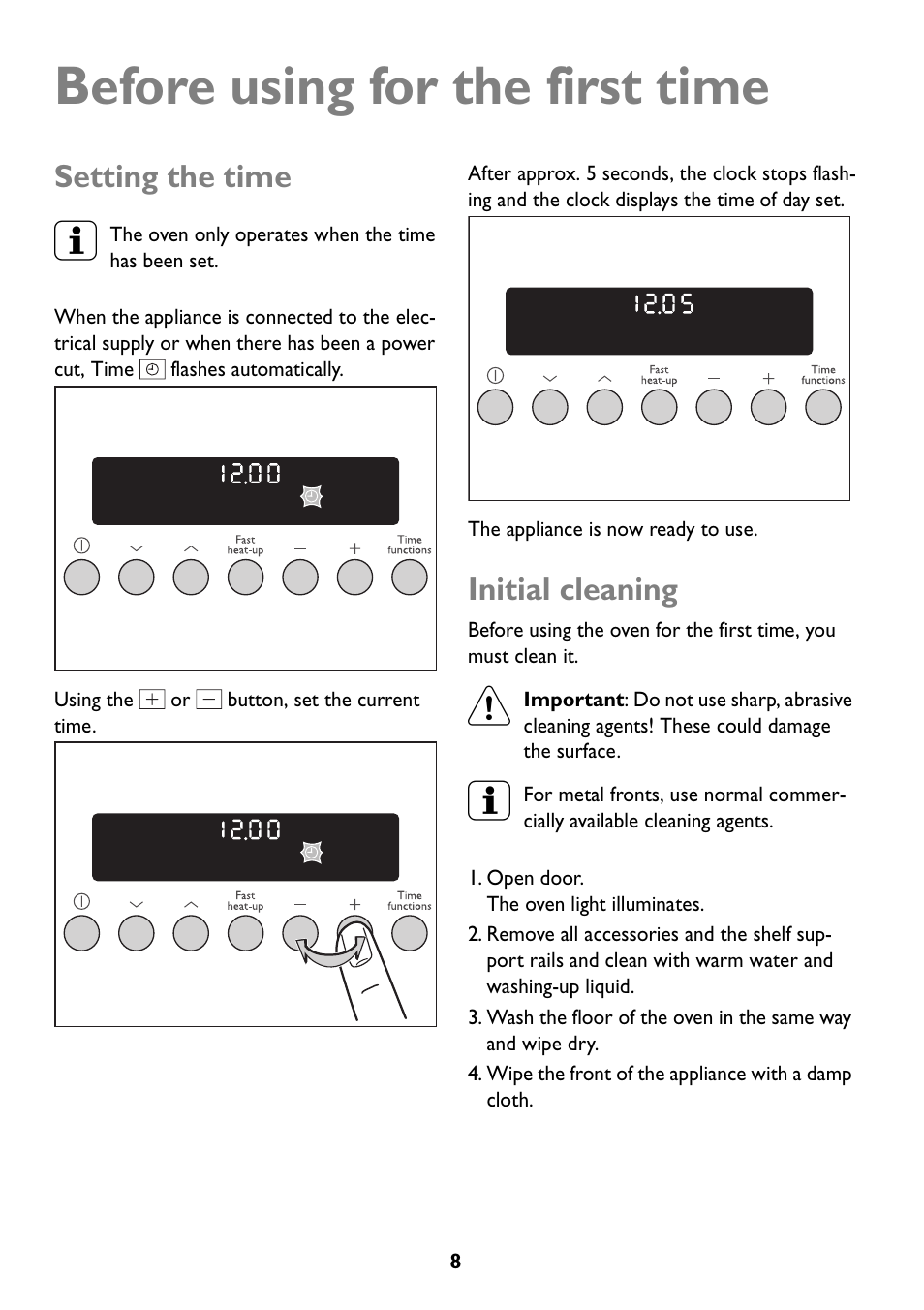 Before using for the first time, Setting the time, Initial cleaning | John Lewis JLBIOS608 User Manual | Page 8 / 56