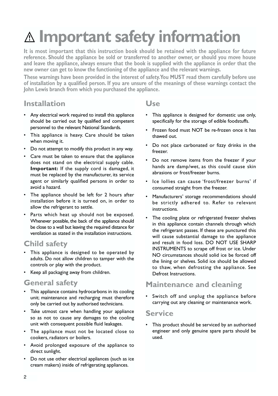 Important safety information, Installation, Child safety | General safety, Maintenance and cleaning, Service | John Lewis JLWFF1552 User Manual | Page 2 / 24