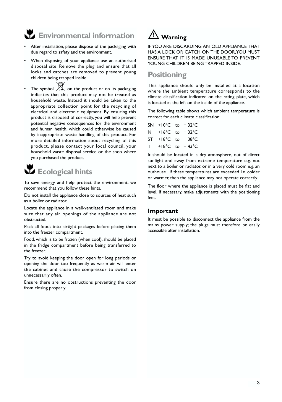 Environmental information, Ecological hints, Positioning | John Lewis JLWFF1552 User Manual | Page 3 / 24