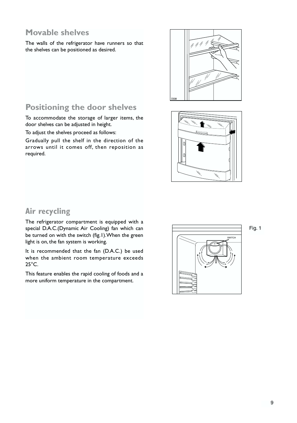 Movable shelves, Positioning the door shelves, Air recycling | John Lewis JLWFF1552 User Manual | Page 9 / 24