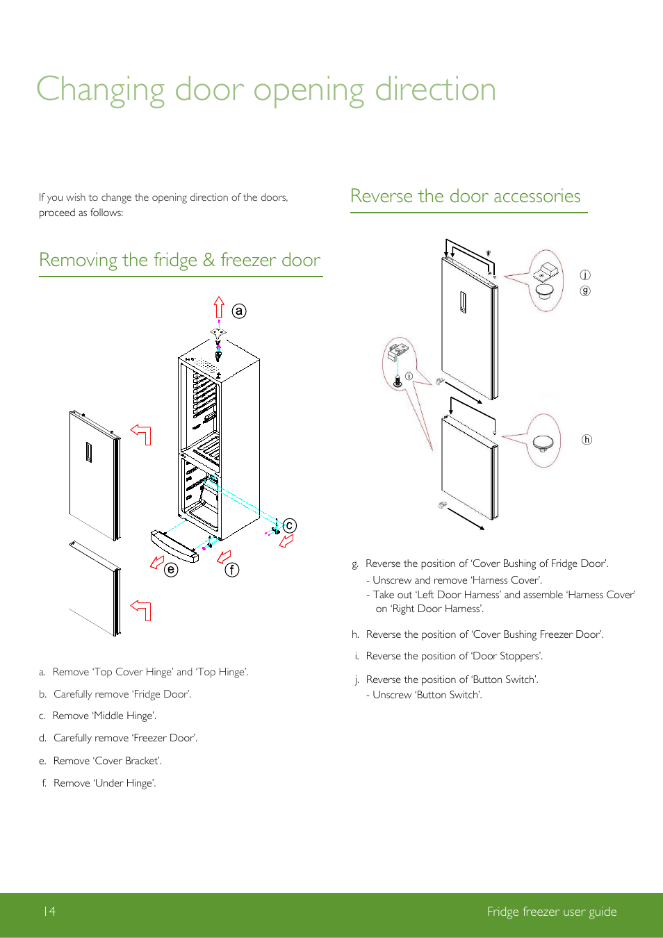 Changing door opening direction, Removing the fridge & freezer door, Reverse the door accessories | John Lewis Fridge Freezer JLFSWH2002 User Manual | Page 14 / 24