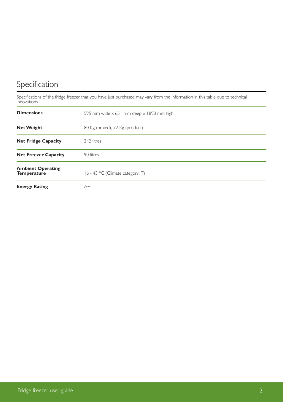 Specification | John Lewis Fridge Freezer JLFSWH2002 User Manual | Page 21 / 24