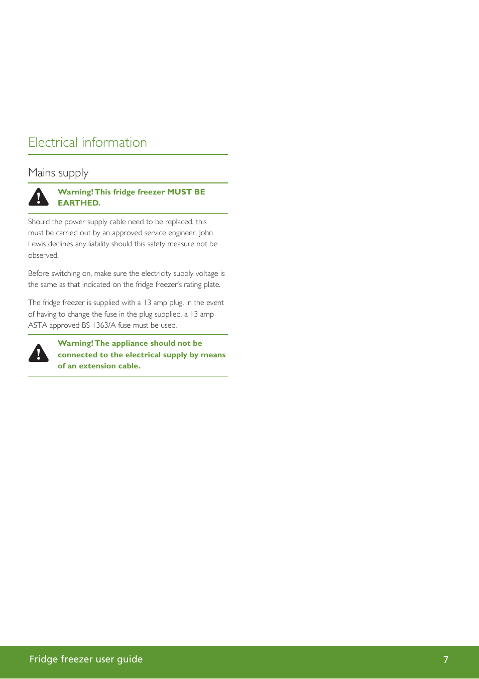 Electrical information, Mains supply | John Lewis Fridge Freezer JLFSWH2002 User Manual | Page 7 / 24