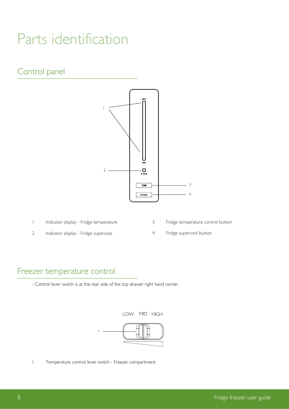 Parts identification, Control panel, Freezer temperature control | John Lewis Fridge Freezer JLFSWH2002 User Manual | Page 8 / 24