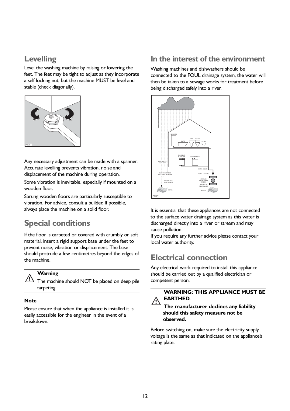 Electrical connection, Levelling, Special conditions | John Lewis JLBIWD 1400 User Manual | Page 12 / 34