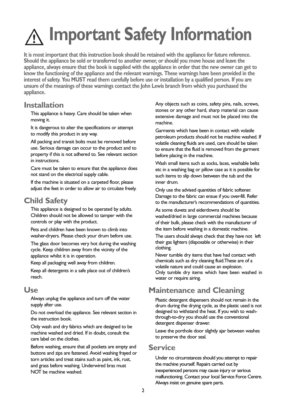 Important safety information, Installation, Child safety | Maintenance and cleaning, Service | John Lewis JLBIWD 1400 User Manual | Page 2 / 34