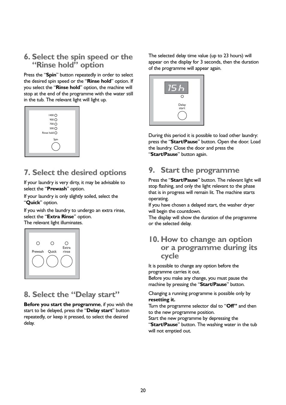 Select the spin speed or the “rinse hold” option, Select the desired options, Select the “delay start | Start the programme | John Lewis JLBIWD 1400 User Manual | Page 20 / 34